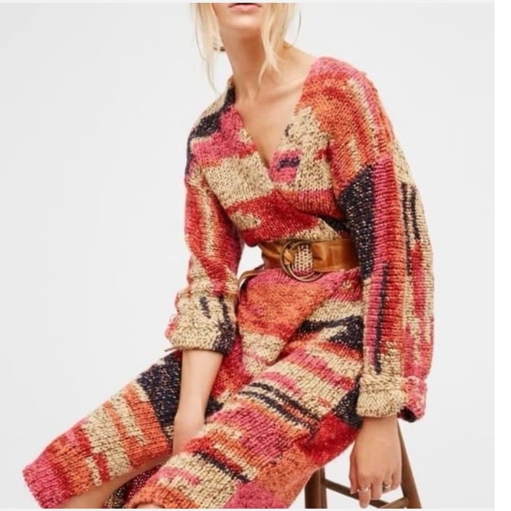 Free People On My Mind Cardi Duster Cardigan Multi Color Chunky Knit Large